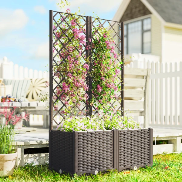Set Van 2 Trellis Met Plantenbak Bloembak Met Drainagegat Timer Bewateringssysteem 80 X 40 X 136 Cm Bruin