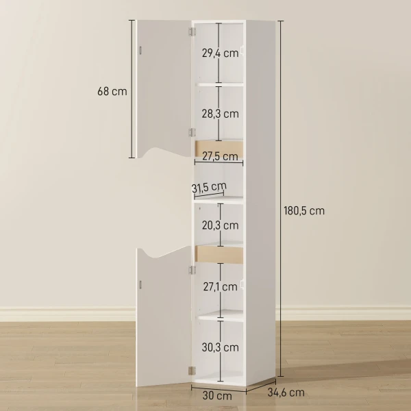 Smalle Badkamerkast Hoge Kast Met 2 Deuren, 2 Open Vakken, Voor Badkamer 30 X 34,6 X 182 Cm Wit