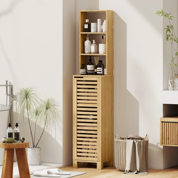 Smalle Badkamerkast, Hoge Kast Met 3 Open Rekken, Verstelbare Rekken, Lamellendeur, 34 X 30 X 170 Cm Natuur