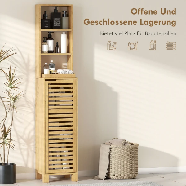 Smalle Badkamerkast, Hoge Kast Met 3 Open Rekken, Verstelbare Rekken, Lamellendeur, 34 X 30 X 170 Cm Natuur