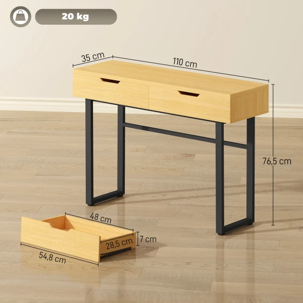 Smalle Console Tafel Met 2 Lades, Metalen Frame, Voor Hal 110 X 35 X 76,5 Cm Natuur