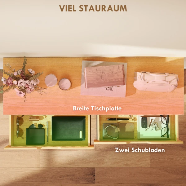 Smalle Console Tafel Met 2 Lades, Metalen Frame, Voor Hal 110 X 35 X 76,5 Cm Natuur