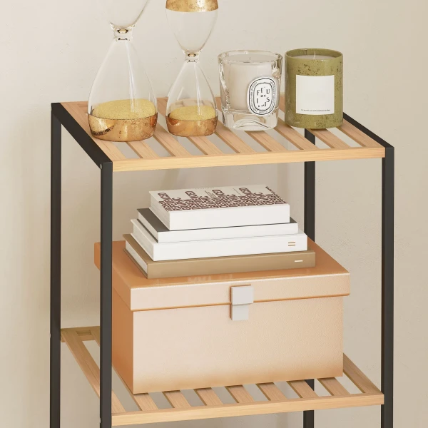 Staand Rek, Badrek Van Bamboe En Staal, Met 4 Planken, 4 laags Boekenrek, 36,5 X 33 X 110 Cm, Natuur