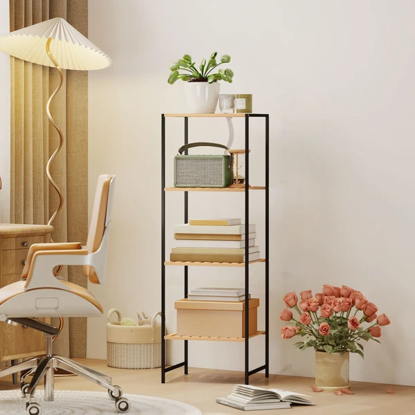 Staand Rek, Badrek Van Bamboe En Staal, Met 4 Planken, 4 laags Boekenrek, 36,5 X 33 X 110 Cm, Natuur