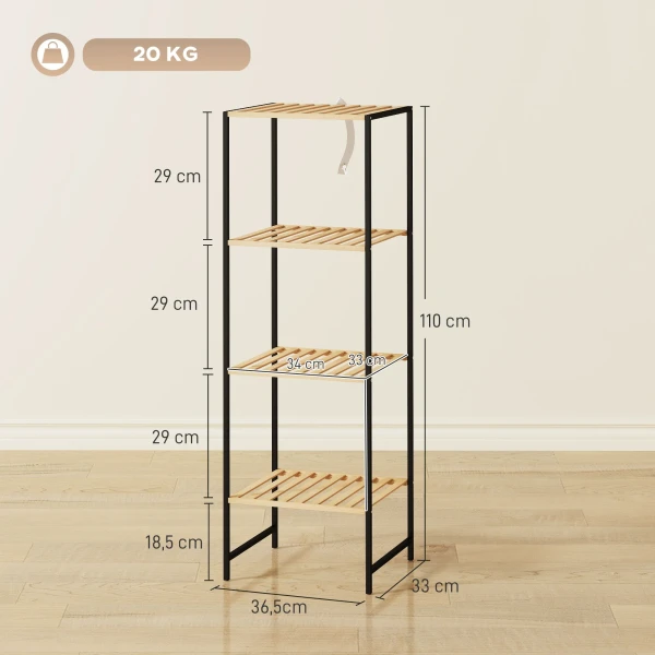 Staand Rek, Badrek Van Bamboe En Staal, Met 4 Planken, 4 laags Boekenrek, 36,5 X 33 X 110 Cm, Natuur