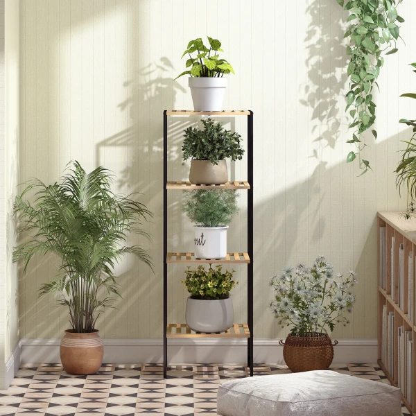 Staand Rek, Badrek Van Bamboe En Staal, Met 4 Planken, 4 laags Boekenrek, 36,5 X 33 X 110 Cm, Natuur