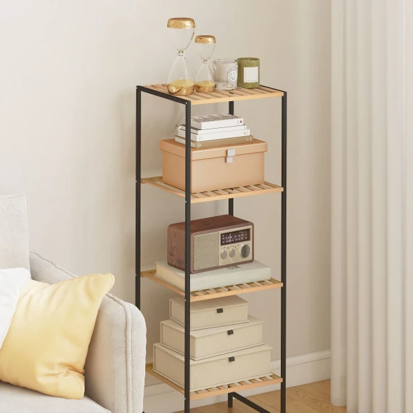 Staand Rek, Badrek Van Bamboe En Staal, Met 4 Planken, 4 laags Boekenrek, 36,5 X 33 X 110 Cm, Natuur