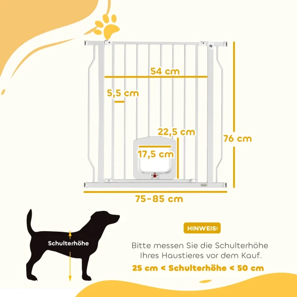 Traphekje Deurhekje Met Kattenluik Zonder Boren 75 85 Cm Van Staal Voor Honden, Trappen, Deur, Wit