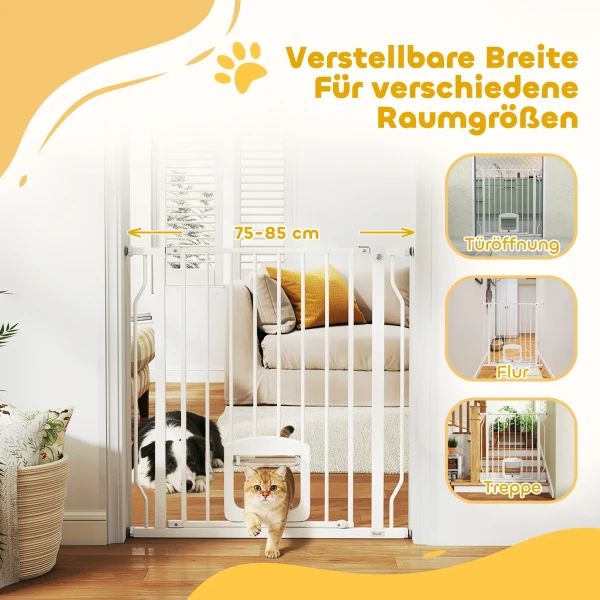 Traphekje Deurhekje Met Kattenluik Zonder Boren 75 85 Cm Van Staal Voor Honden, Trappen, Deur, Wit