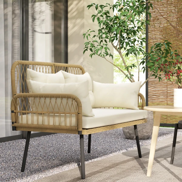 Tuinbank Met Kussens 2 zits Bank Buiten Balkon Bank Rieten Bank Polyrattan 115 X 61 X 82 Cm Natuurhout