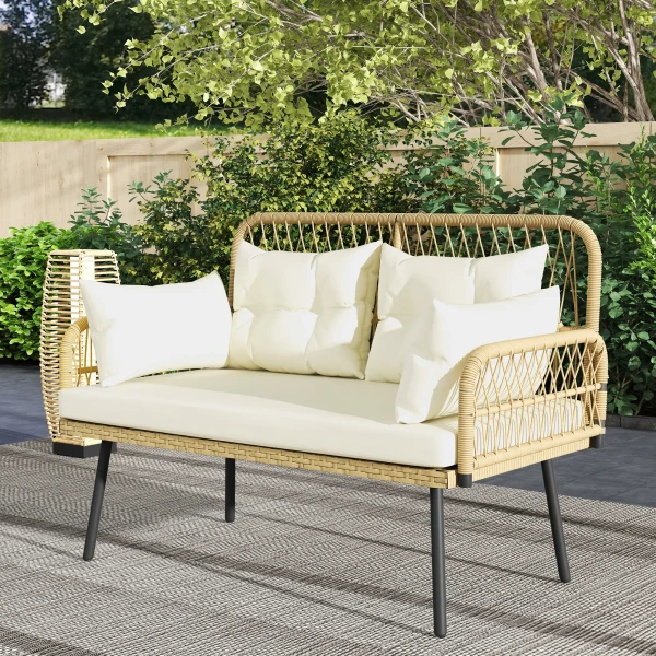 Tuinbank Met Kussens 2 zits Bank Buiten Balkon Bank Rieten Bank Polyrattan 115 X 61 X 82 Cm Natuurhout