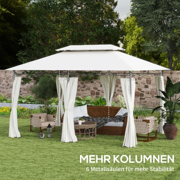 Tuinpaviljoen Met Dubbel Dak, 6 Zijkanten, Waterafstotend, Voor Tuin Terras, 4x3 M, Crèmewit