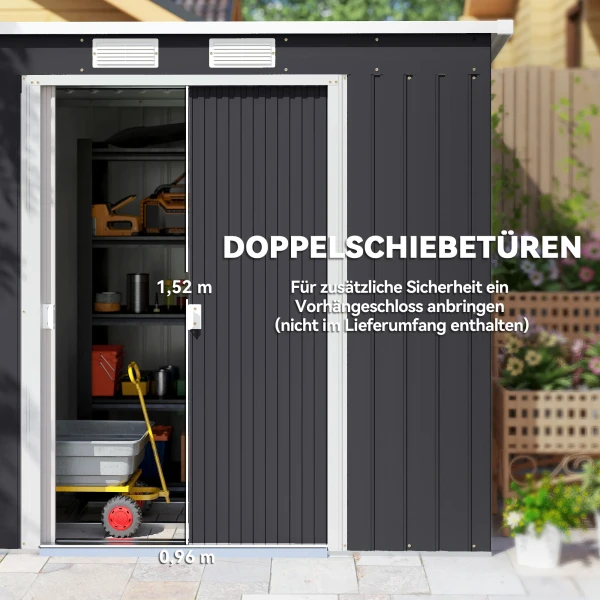 Tuinschuur, Met Ventilatieramen, Schuifdeuren, Verzinkt Staal, 213 X 130 X 172 Cm, Donkergrijs