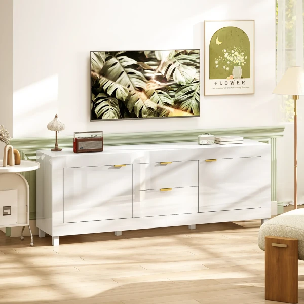 TV meubel Voor Televisies Tot 75 Inch, Modern Entertainmentcentrum Met 2 Kasten En 2 Lades, Hoogglans Wit