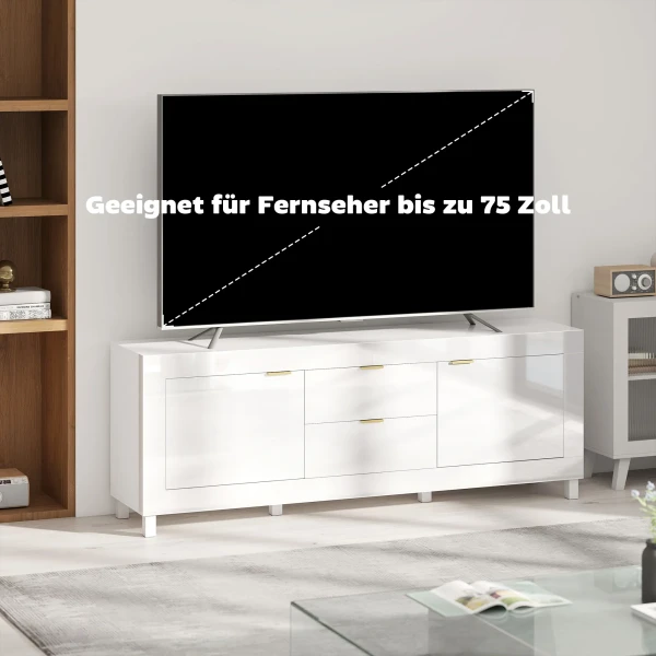 TV meubel Voor Televisies Tot 75 Inch, Modern Entertainmentcentrum Met 2 Kasten En 2 Lades, Hoogglans Wit