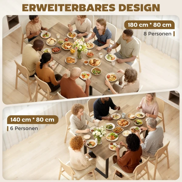 Uitschuifbare Eettafel Voor 6 8 Personen, 140 180 Cm, Rechthoekige Keukentafel Met Stalen Basis, Natuurhout+Zwart