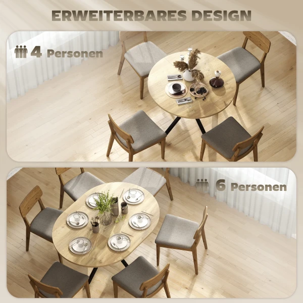 Uitschuifbare Ronde Eettafel Voor 4 6 Personen, 100 135 Cm, Keukentafel Met X vormige Stalen Voet, Natuurhout, Zwart