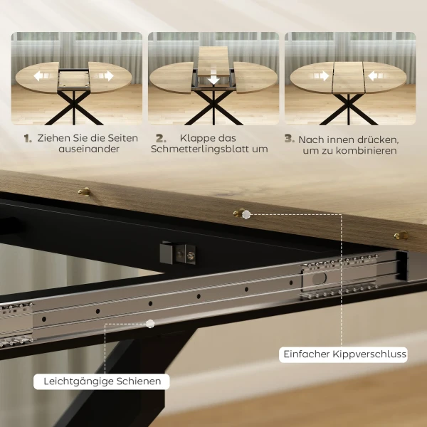 Uitschuifbare Ronde Eettafel Voor 4 6 Personen, 100 135 Cm, Keukentafel Met X vormige Stalen Voet, Natuurhout, Zwart