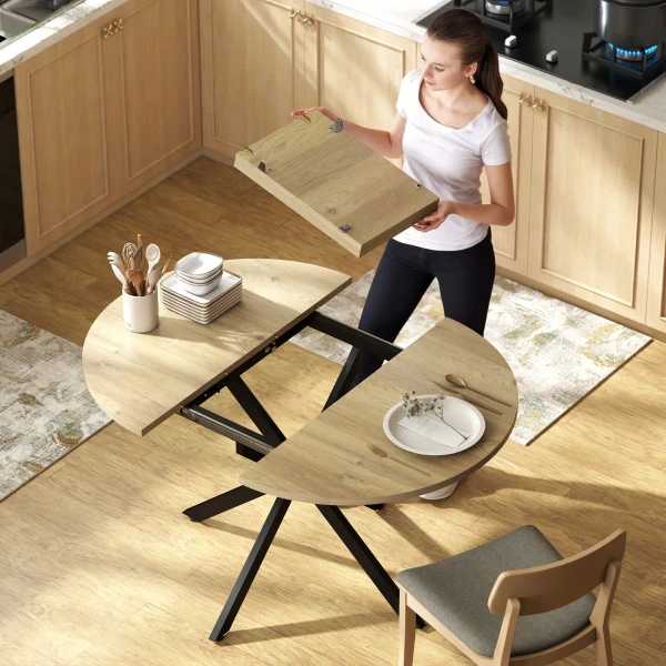 Uitschuifbare Ronde Eettafel Voor 4 6 Personen, 100 135 Cm, Keukentafel Met X vormige Stalen Voet, Natuurhout, Zwart