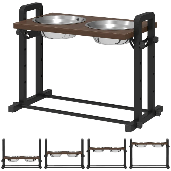 Verhoogde Hondenkom Met 4 Verstelbare Hoogtes, Voerbak Met Standaard, 2 X 1,2 L Roestvrijstalen Kommen, 3 Verstelbare Hoeken, Bruin