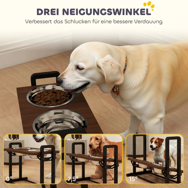 Verhoogde Hondenkom Met 4 Verstelbare Hoogtes, Voerbak Met Standaard, 2 X 1,2 L Roestvrijstalen Kommen, 3 Verstelbare Hoeken, Bruin