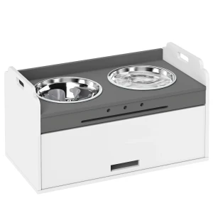 Verhoogde Hondenkom Met Opbergkast, 2 Kommen Met Anti slip Ringen, 60 X 30 X 35,5 Cm, Wit