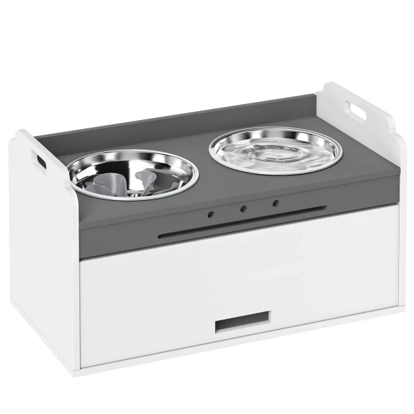 Verhoogde Hondenkom Met Opbergkast, 2 Kommen Met Anti slip Ringen, 60 X 30 X 35,5 Cm, Wit