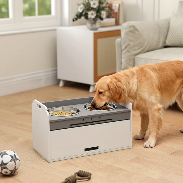 Verhoogde Hondenkom Met Opbergkast, 2 Kommen Met Anti slip Ringen, 60 X 30 X 35,5 Cm, Wit