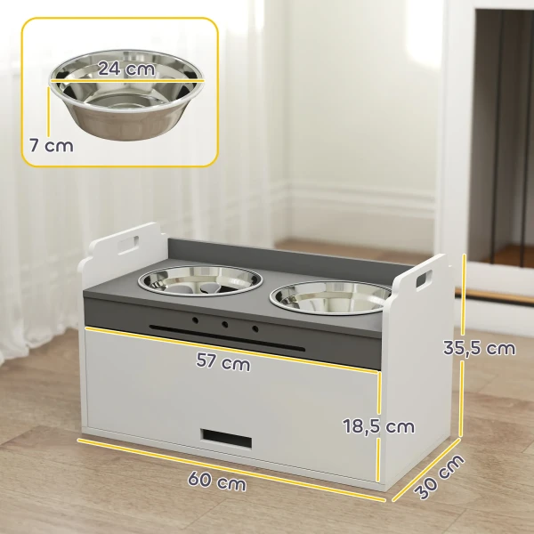Verhoogde Hondenkom Met Opbergkast, 2 Kommen Met Anti slip Ringen, 60 X 30 X 35,5 Cm, Wit