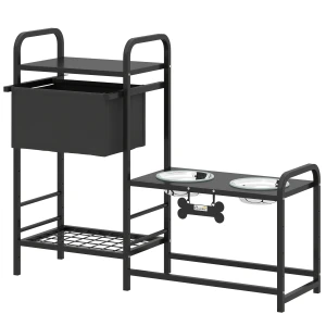 Verhoogde Hondenkom Verstelbare Voerbak Met Opbergruimte Waterbak 2 X 800ml Roestvrijstalen Kommen 89,5x27x74 Cm Zwart