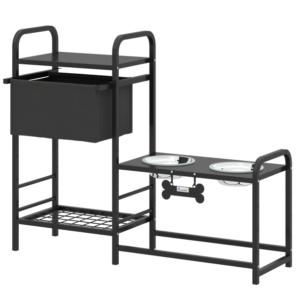 Verhoogde Hondenkom Verstelbare Voerbak Met Opbergruimte Waterbak 2 X 800ml Roestvrijstalen Kommen 89,5x27x74 Cm Zwart