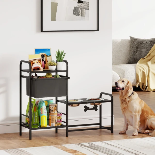 Verhoogde Hondenkom Verstelbare Voerbak Met Opbergruimte Waterbak 2 X 800ml Roestvrijstalen Kommen 89,5x27x74 Cm Zwart