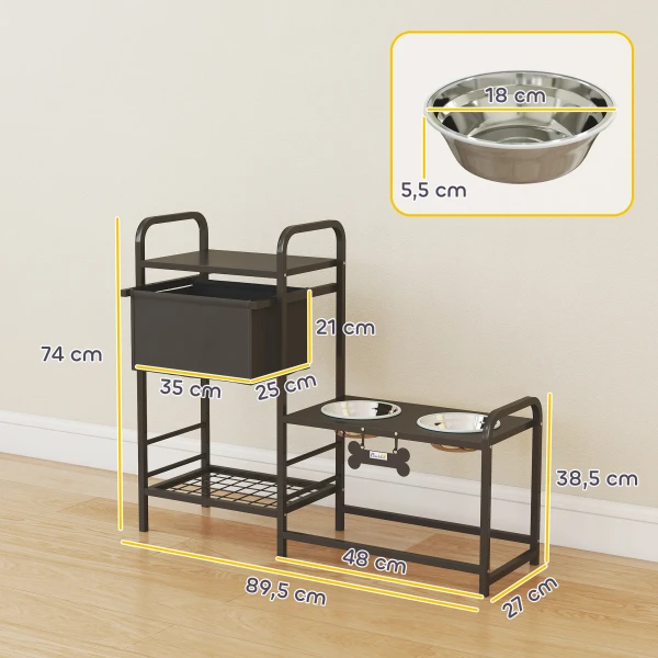 Verhoogde Hondenkom Verstelbare Voerbak Met Opbergruimte Waterbak 2 X 800ml Roestvrijstalen Kommen 89,5x27x74 Cm Zwart