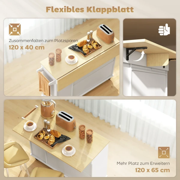 Verrijdbaar Keukeneiland, Uitbreidbaar Oppervlak, Kastdeuren, Lades, Handdoekhouder, Keukenwagen Van MDF, Wit