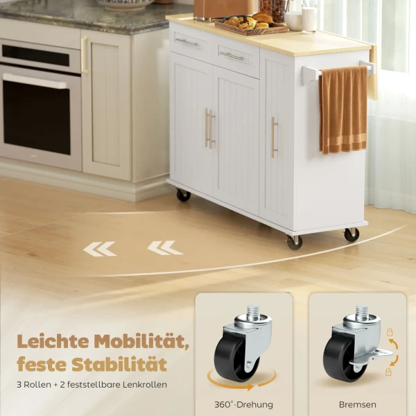 Verrijdbaar Keukeneiland, Uitbreidbaar Oppervlak, Kastdeuren, Lades, Handdoekhouder, Keukenwagen Van MDF, Wit