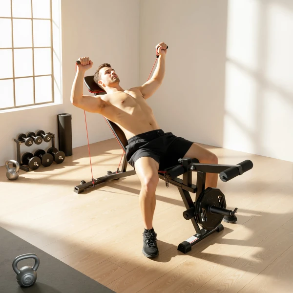 Verstelbare Halterbank Tot 300 Kg 3 In 1 Trainingsbank Met Wielen, Beenstrekker, Curlpult, Hoofdsteun, Weerstandsbanden