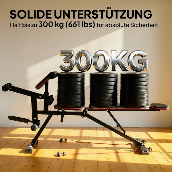 Verstelbare Halterbank Tot 300 Kg 3 In 1 Trainingsbank Met Wielen, Beenstrekker, Curlpult, Hoofdsteun, Weerstandsbanden