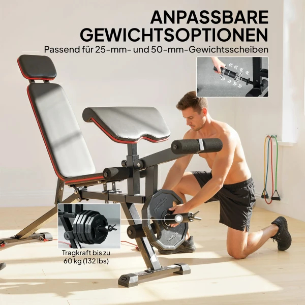 Verstelbare Halterbank Tot 300 Kg 3 In 1 Trainingsbank Met Wielen, Beenstrekker, Curlpult, Hoofdsteun, Weerstandsbanden