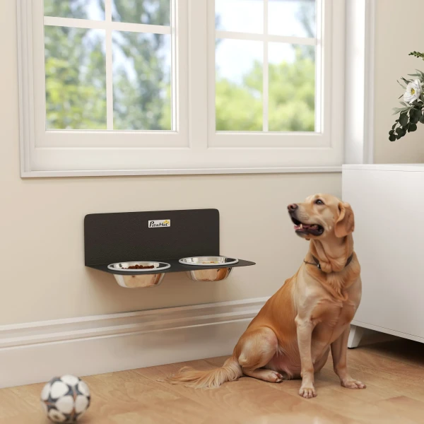 Verstelbare Hondenkom Wandvoerbak Met 2 X 800ml Roestvrijstalen Kommen 42 X 23,5 X 14 Cm Zwart