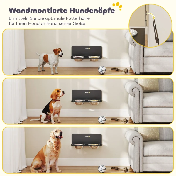 Verstelbare Hondenkom Wandvoerbak Met 2 X 800ml Roestvrijstalen Kommen 42 X 23,5 X 14 Cm Zwart
