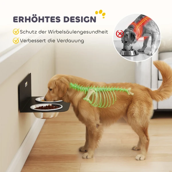 Verstelbare Hondenkom Wandvoerbak Met 2 X 800ml Roestvrijstalen Kommen 42 X 23,5 X 14 Cm Zwart