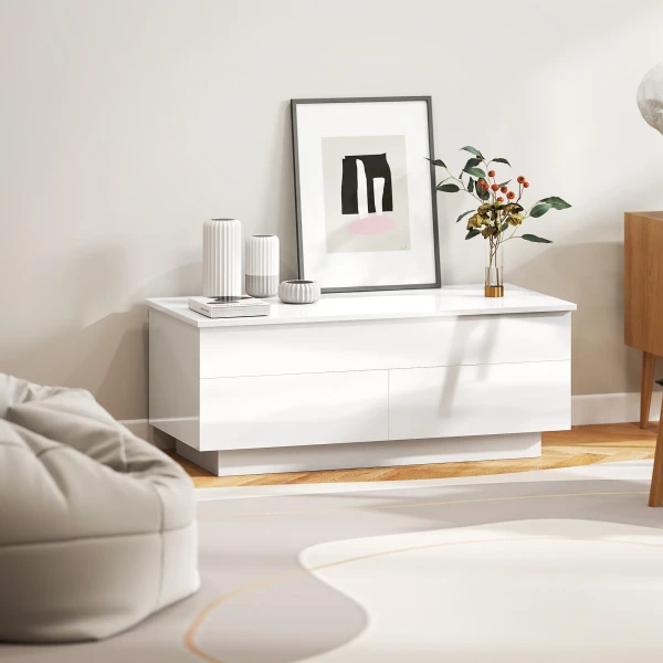 Verstelbare Salontafel, Moderne Woonkamertafel Met Verborgen Opbergruimte En 2 Lades, Hoogglans Wit