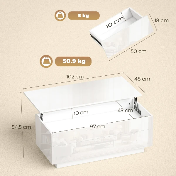 Verstelbare Salontafel, Moderne Woonkamertafel Met Verborgen Opbergruimte En 2 Lades, Hoogglans Wit