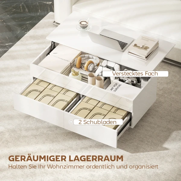 Verstelbare Salontafel, Moderne Woonkamertafel Met Verborgen Opbergruimte En 2 Lades, Hoogglans Wit