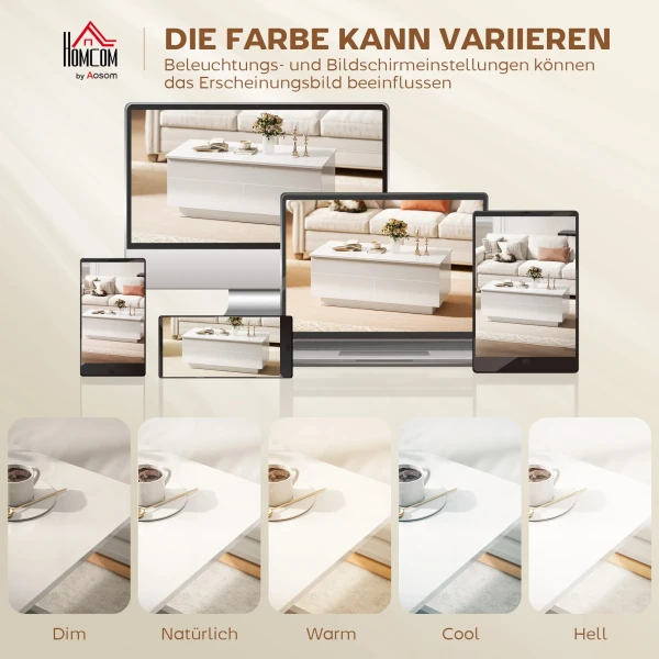 Verstelbare Salontafel, Moderne Woonkamertafel Met Verborgen Opbergruimte En 2 Lades, Hoogglans Wit