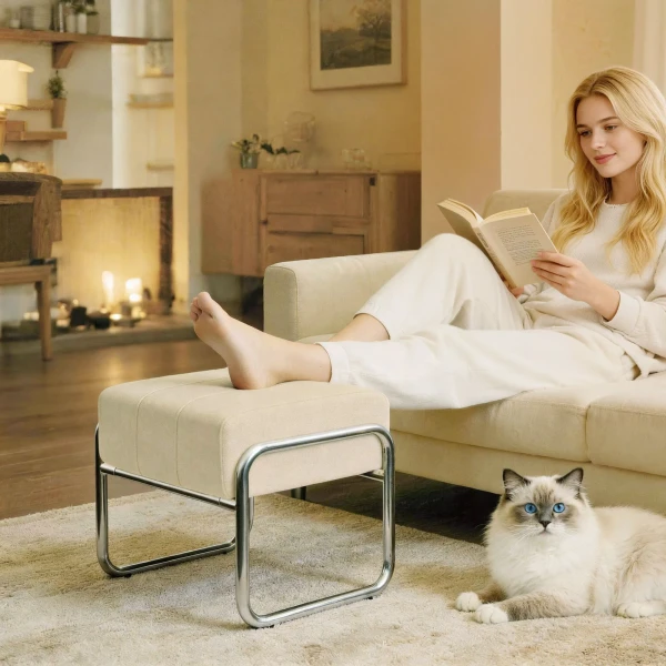 Voetenbankje Zithocker Dik Gevoerde Hocker Met Chenille Stof Stalen Poten Voor Slaapkamer, Beige