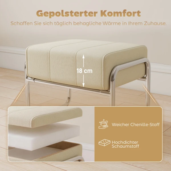 Voetenbankje Zithocker Dik Gevoerde Hocker Met Chenille Stof Stalen Poten Voor Slaapkamer, Beige