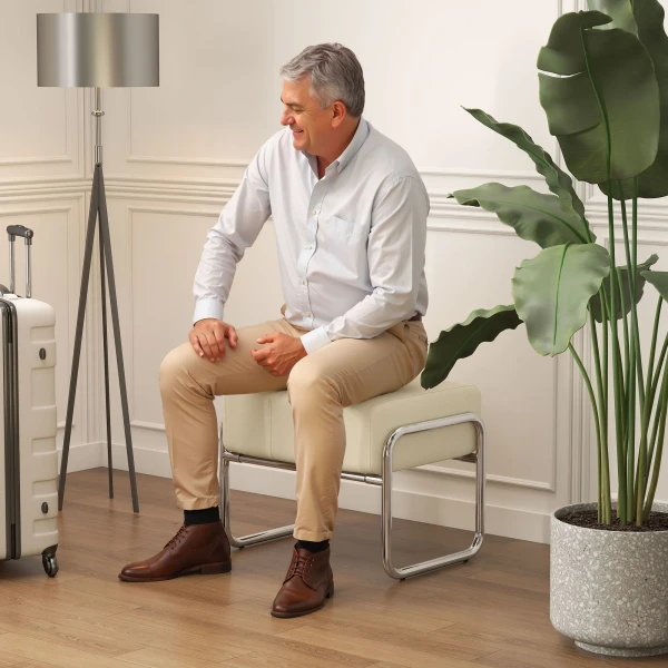 Voetenbankje Zithocker Dik Gevoerde Hocker Met Chenille Stof Stalen Poten Voor Slaapkamer, Beige