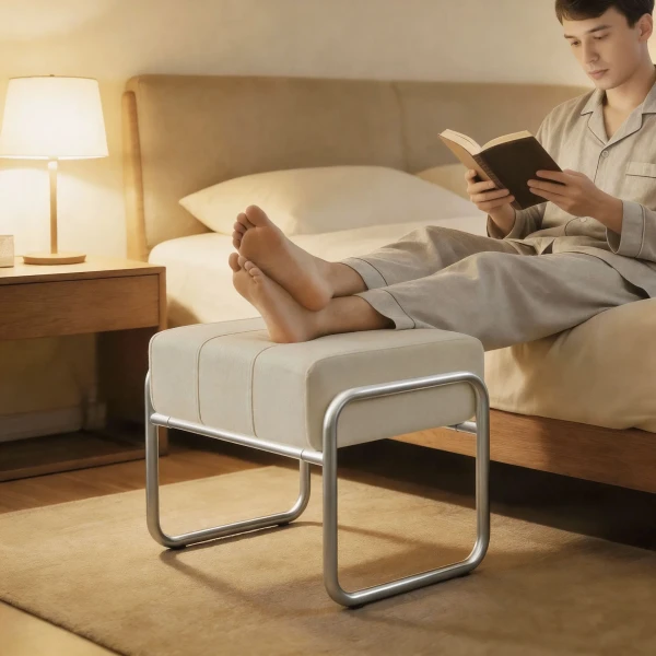 Voetenbankje Zithocker Dik Gevoerde Hocker Met Chenille Stof Stalen Poten Voor Slaapkamer, Beige