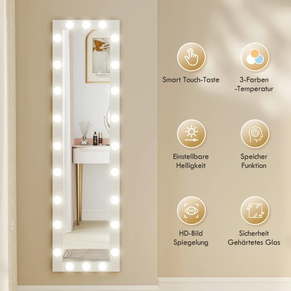 Volledige Lichaamsspiegel 150x40 Cm LED Spiegel Met 24 Gloeilampen 3 Lichtkleuren, Vrijstaand, Leunend Of Voor Wandmontage Wit